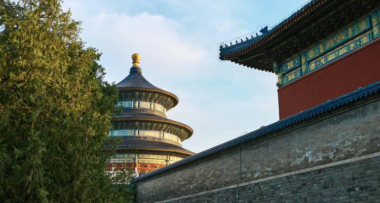 Temple of Heaven in Beijing with surrounding walls.
