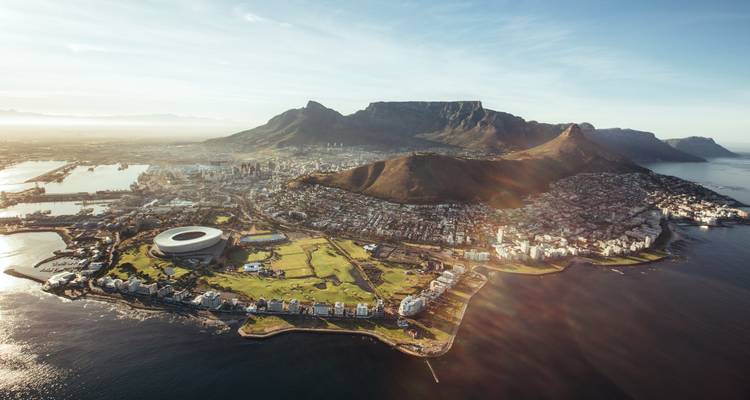 Aerial view of Cape Town with Table Mountain and the stadium.