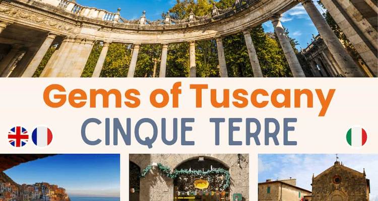 Collage escénico de Cinque Terre y Toscana con texto.