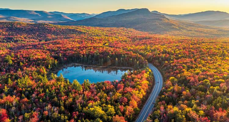 Aerial view of a colorful forest with a winding road beside a lake.