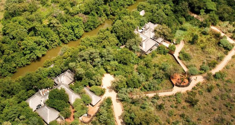 Aerial view of a lush forest with scattered buildings.