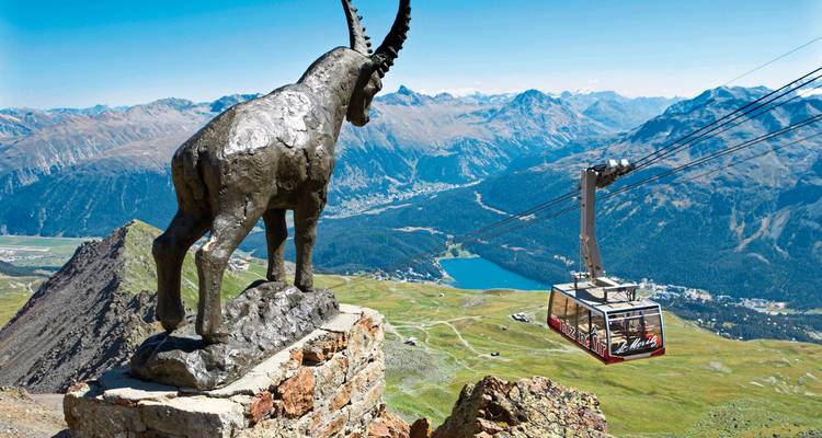 Malerischer Bergblick mit einer Seilbahn und einer Steinbockstatue.