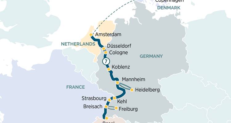 Répétez le graphique de croisière sur le Rhin d'Amsterdam à Zurich avec vol vers Copenhague.
