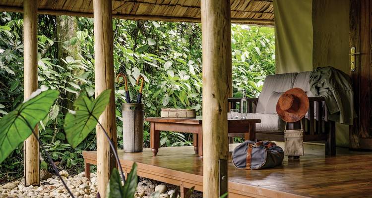 Zone de sièges extérieure sur une terrasse en bois entourée d'une végétation luxuriante.