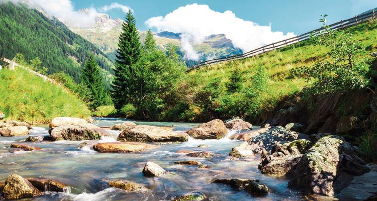Un ruisseau qui coule à travers une vallée luxuriante avec des montagnes.