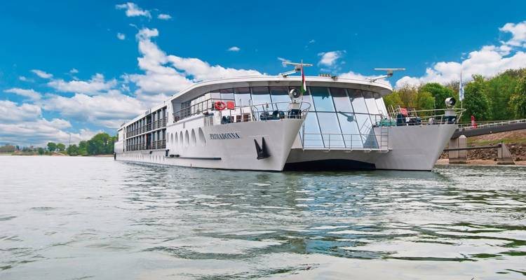 Flusskreuzfahrtschiff am bewaldeten Flussufer angelegt.