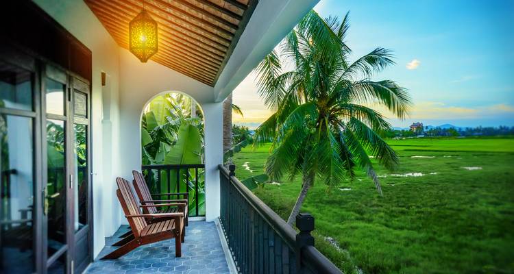 Vue du balcon d'un complexe hôtelier donnant sur des palmiers and des champs.