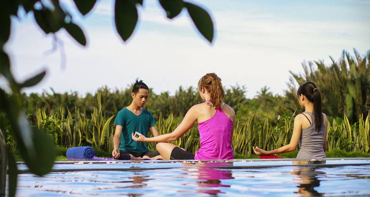 Groupe pratiquant le yoga au bord d'une piscine dans un cadre tropical.