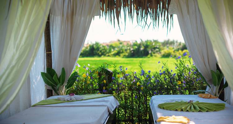 Lits de spa dans une cabane avec vue sur les champs et les fleurs.
