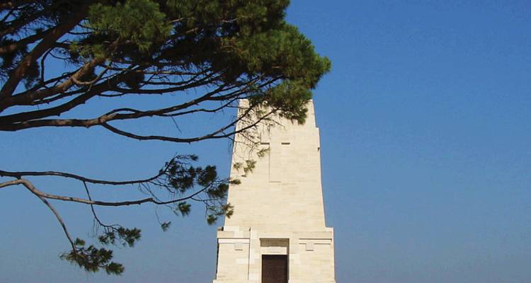 Stone memorial tower framed by pine branches against cloudless sky