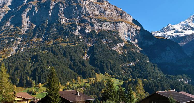 Village de montagne suisse avec chalets en bois sous d'imposantes falaises rocheuses et des pentes boisées.