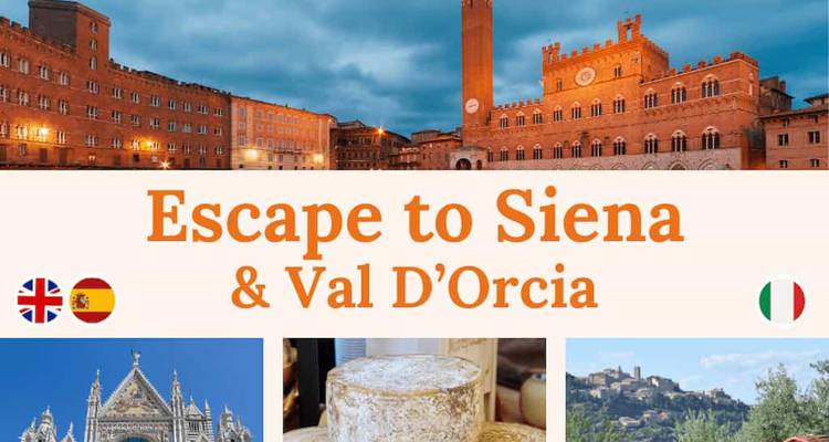 Montage de Sienne et du Val d'Orcia avec superposition de texte.