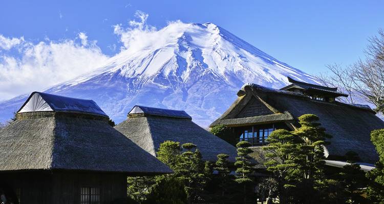 Traditionelle japanische Häuser mit dem Berg Fuji im Hintergrund.