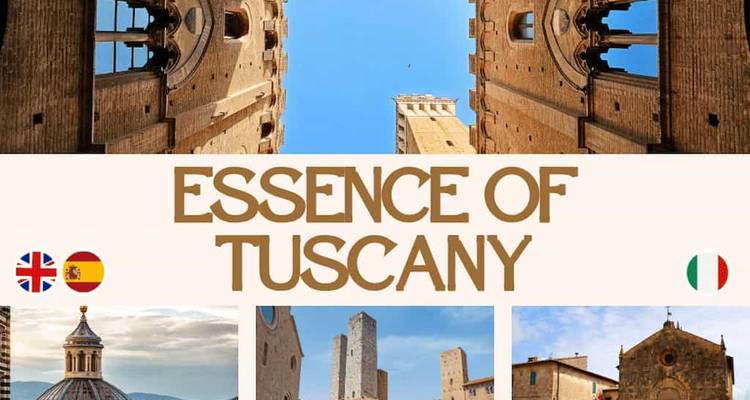 Collage de paysage urbain toscan avec superposition de texte.