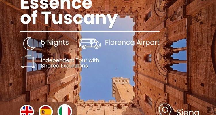 Image promotionnelle avec texte superposé publicitaire pour la visite Essence of Tuscany et photo de Sienne