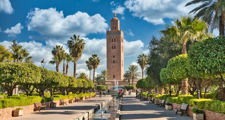 Koutoubia Mosque visible in lush gardens under a bright sky.