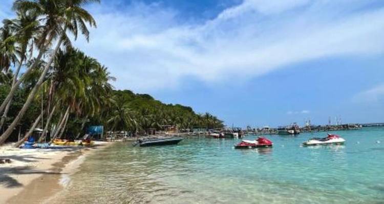 Belle plage avec une eau claire, des bateaux et des palmiers environnants.