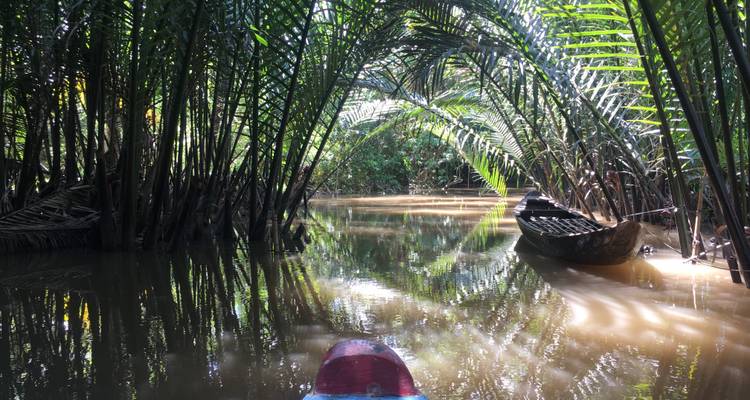 Proue d'un petit bateau entrant dans un canal tranquille bordé de palmiers reflétant une végétation dense.