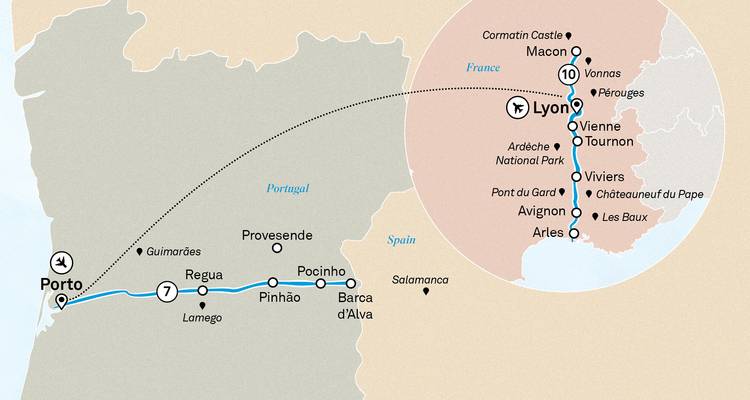 Mapa que muestra una ruta de viaje de Oporto a Aviñón.