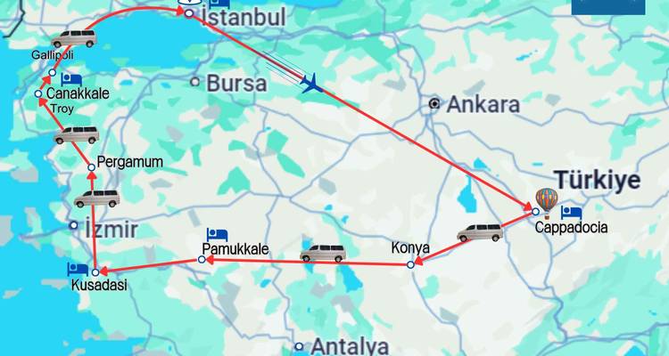 Carte montrant un itinéraire détaillé d'un voyage à travers la Turquie.