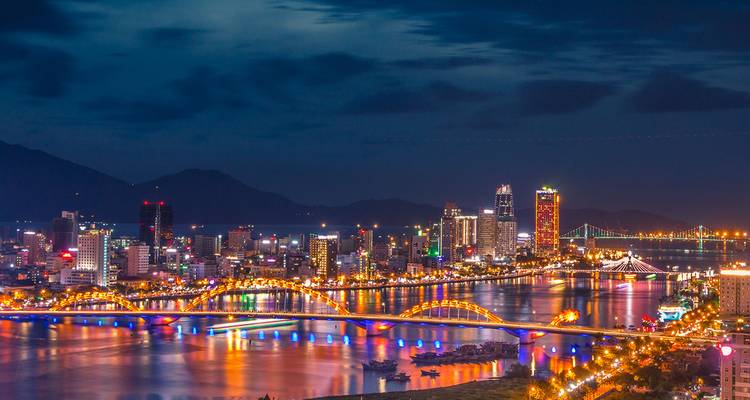 Panoramic view of city skyline with illuminated bridges at night