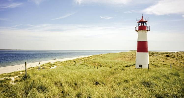 Phare au bord de l'océan avec premier plan herbeux.