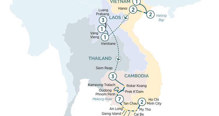 Karte mit Reiseroute durch Vietnam, Kambodscha, Laos und Thailand mit nummerierten Punkten.
