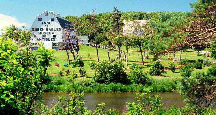 A grassy area with trees and a building labeled 'Anne of Green Gables Museum Antiques' across a small body of water.