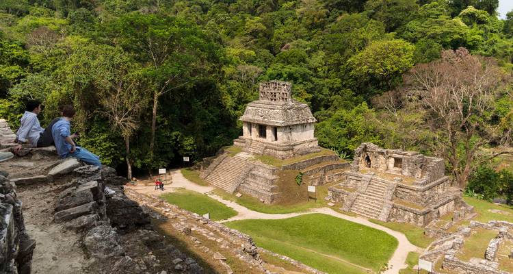 People visiting ancient Mayan ruins surrounded by jungle.