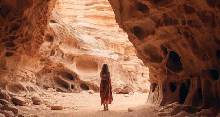 Woman in flowing dress stands inside wave-sculpted sandstone cave in Petra’s desert landscape.