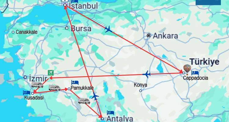 Map highlighting a tour path through Turkey's major cities.