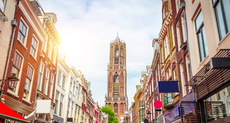 Utrecht street with Dom Tower in the background, Netherlands.