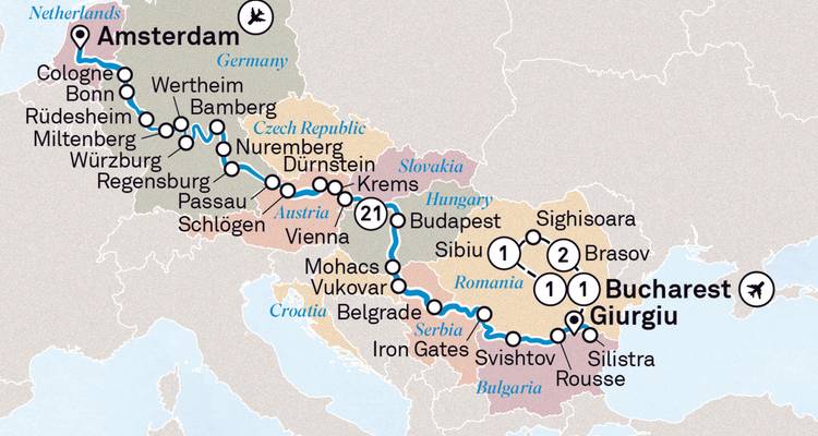 Carte de voyage détaillée avec itinéraires d'Amsterdam à Bucarest et au-delà.