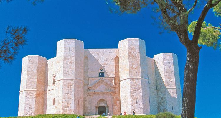 Castel del Monte umgeben von grüner Landschaft und klarem blauen Himmel.