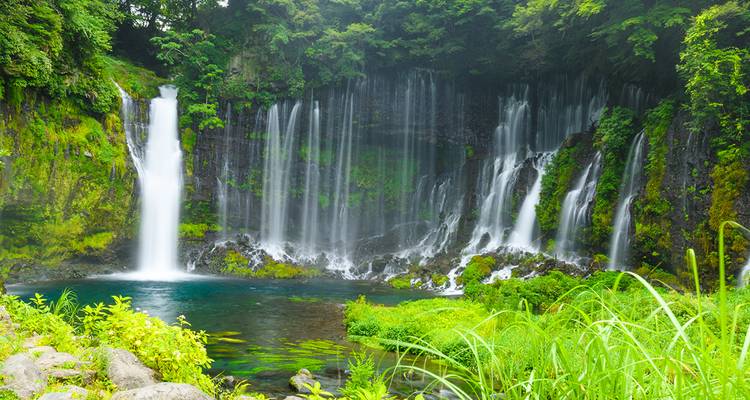 Watervallen die neerstorten in een heldere poel omgeven door groen.
