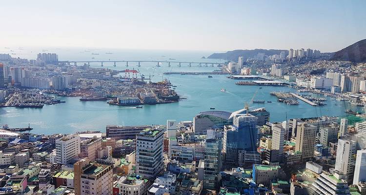 Vue en plongée sur le port de Busan, pont et gratte-ciel s'étendant jusqu'à l'horizon maritime.