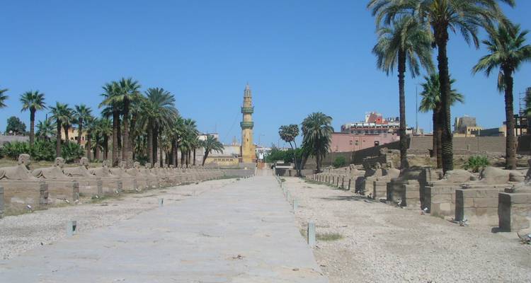 Laan van Sfinxen die naar een historische structuur leidt.