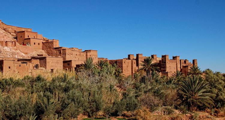 Lehmziegelgebäude umgeben von Palmen in einem Tal.