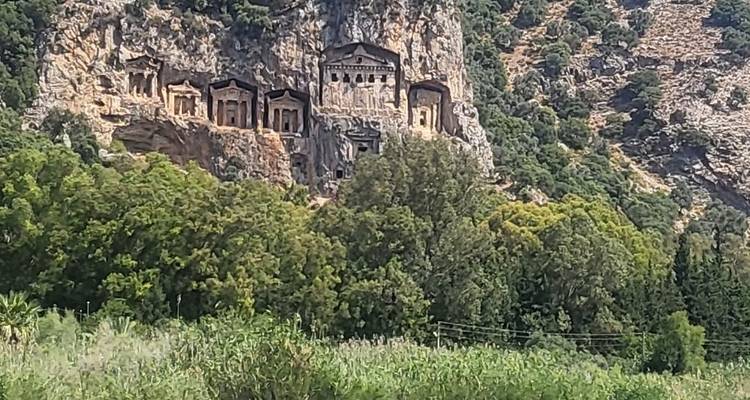 Rock-cut tombs on a hillside among greenery.