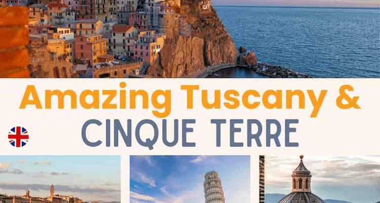 Collage met Toscane en Cinque Terre met tekstoverlay.