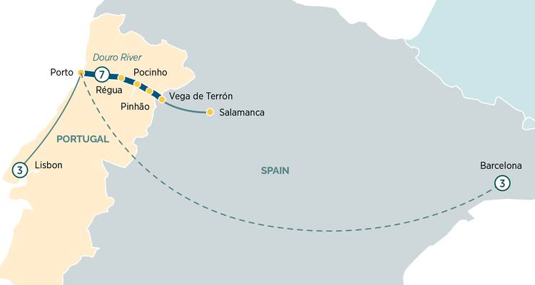 Mapa del crucero por el río Duero mostrando el viaje de Oporto a Salamanca con extensiones a Lisboa y Barcelona.