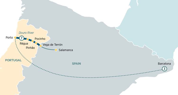 Map of Portugal and Spain highlighting a Douro River cruise between Porto and Salamanca with extension to Barcelona.