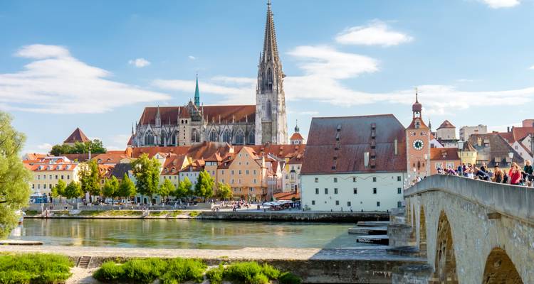 A scenic view of Regensburg with the cathedral and colorful buildings along the riverbank.