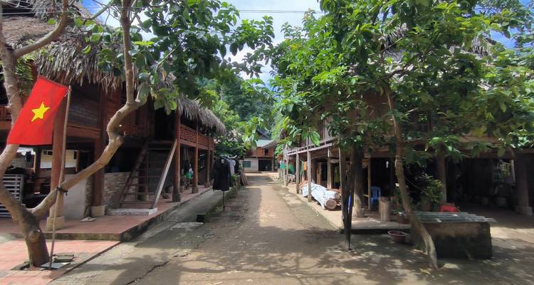 Maisons traditionnelles sur pilotis le long d'un sentier de terre avec un drapeau vietnamien.
