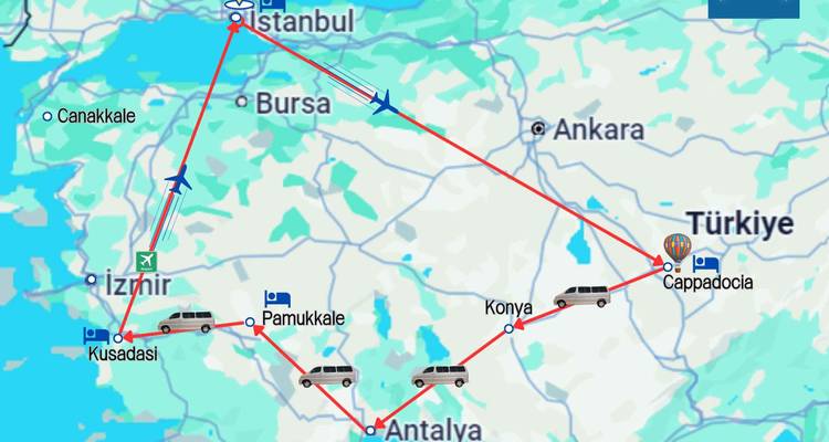 Carte illustrant un itinéraire de voyage en Turquie.