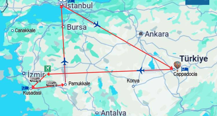 Carte présentant un itinéraire de voyage à travers la Turquie.
