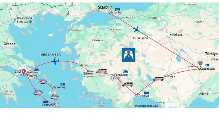 Carte reliant la Turquie et la Grèce avec les itinéraires de voyage.