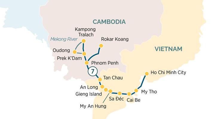 Carte détaillant un itinéraire de voyage à travers les régions du Cambodge et du Vietnam.