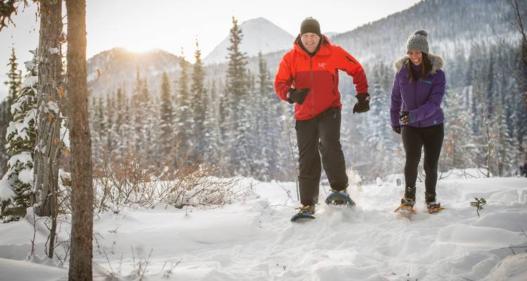 Deux personnes faisant de la raquette à travers une forêt enneigée.