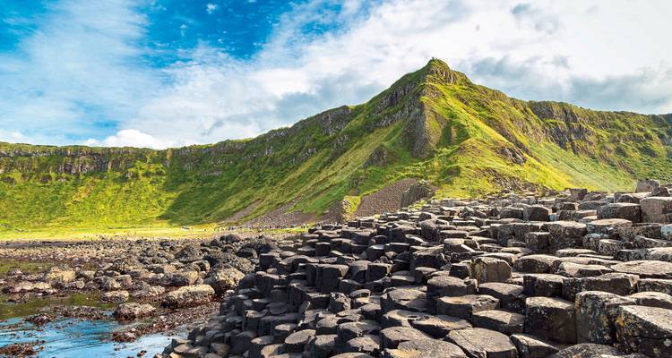 Basaltzuilen van de Giant's Causeway met weelderige groene heuvels.